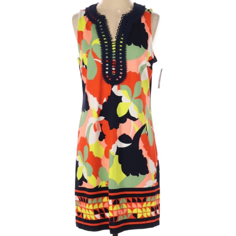 Crown & Ivy sleeveless multi-color floral print embroidered v-neck shift dress.
